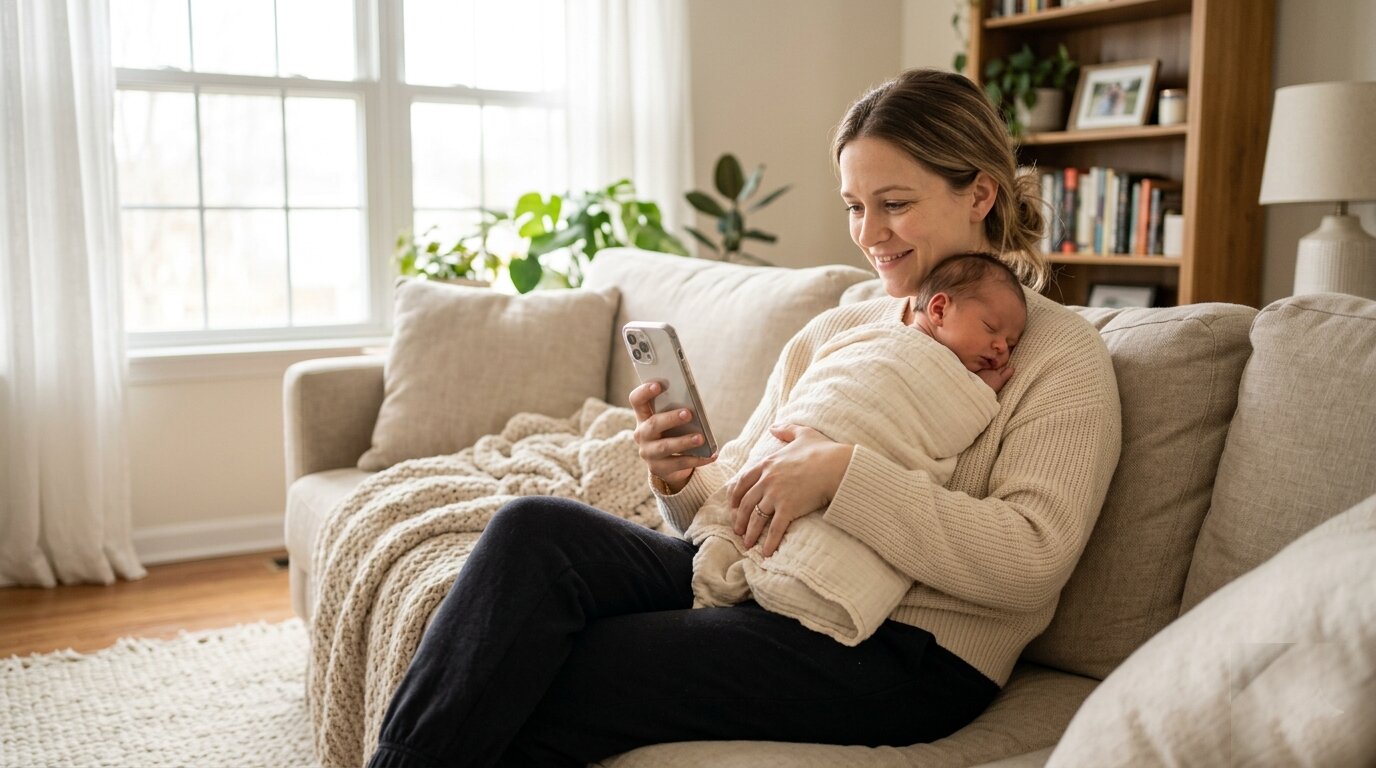 A parent on a couch holding a sleeping newborn while smiling at her phone.