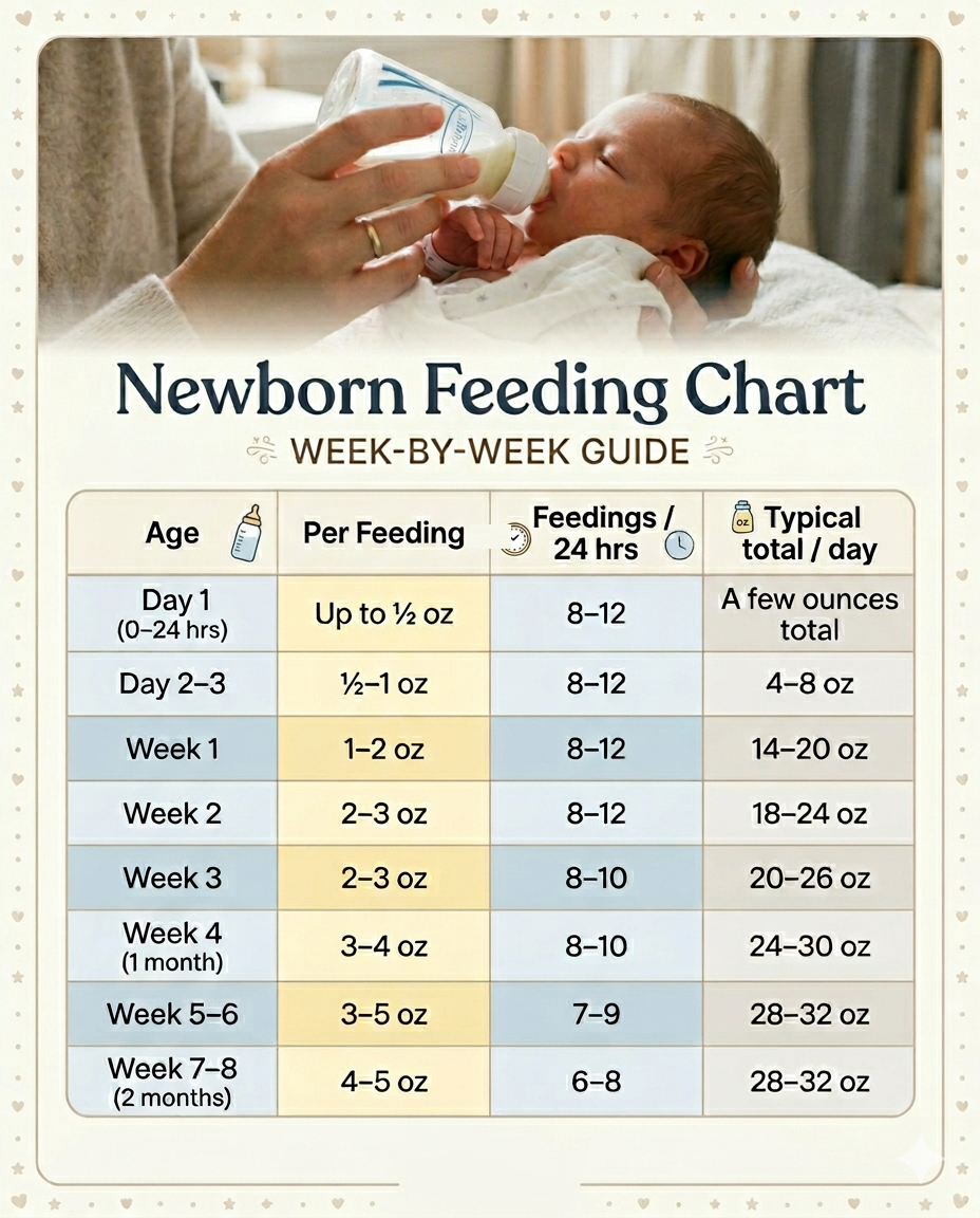Newborn feeding schedule chart from birth to 8 weeks.