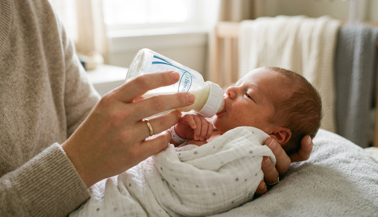 Newborn being bottle-fed in soft natural light.