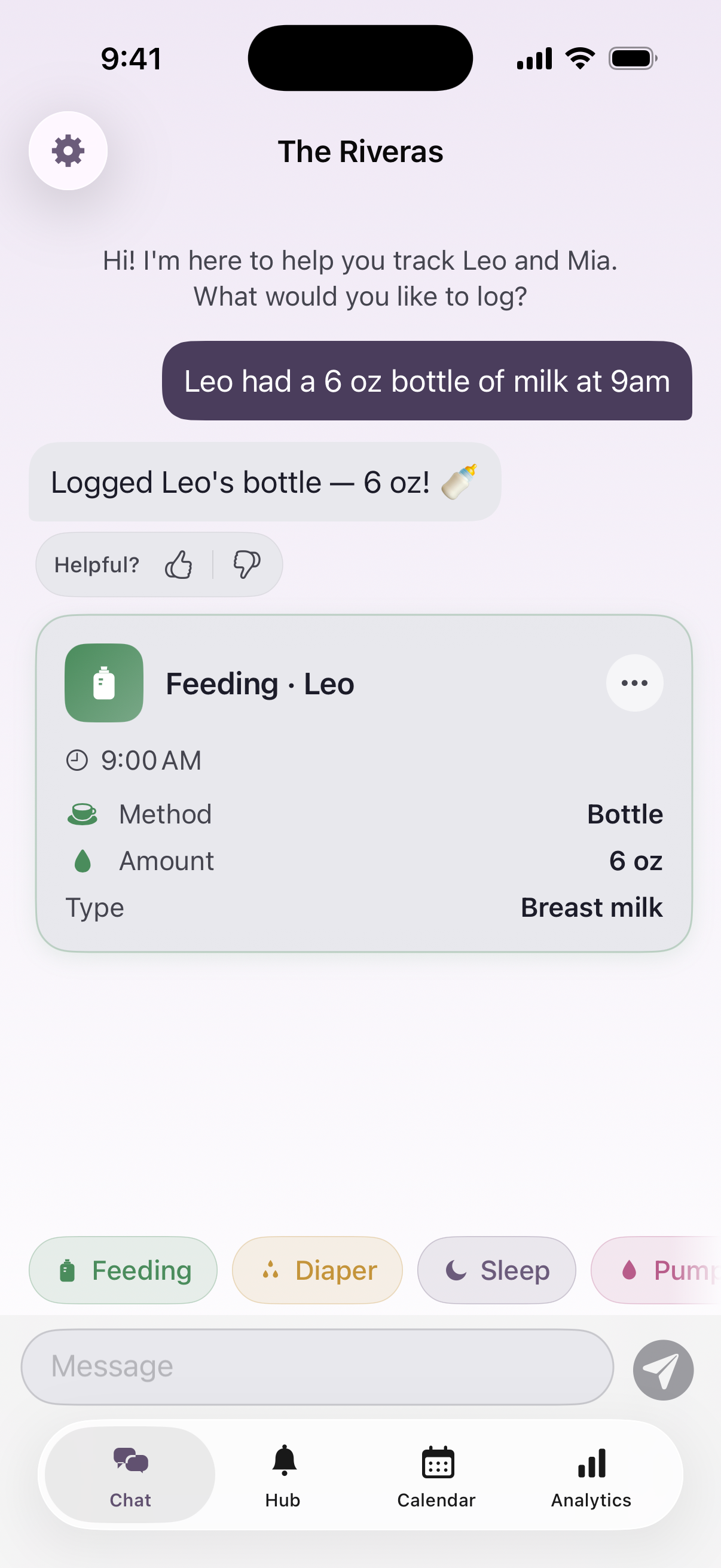 Babbl Baby chat turning a plain-language message into a logged bottle feed