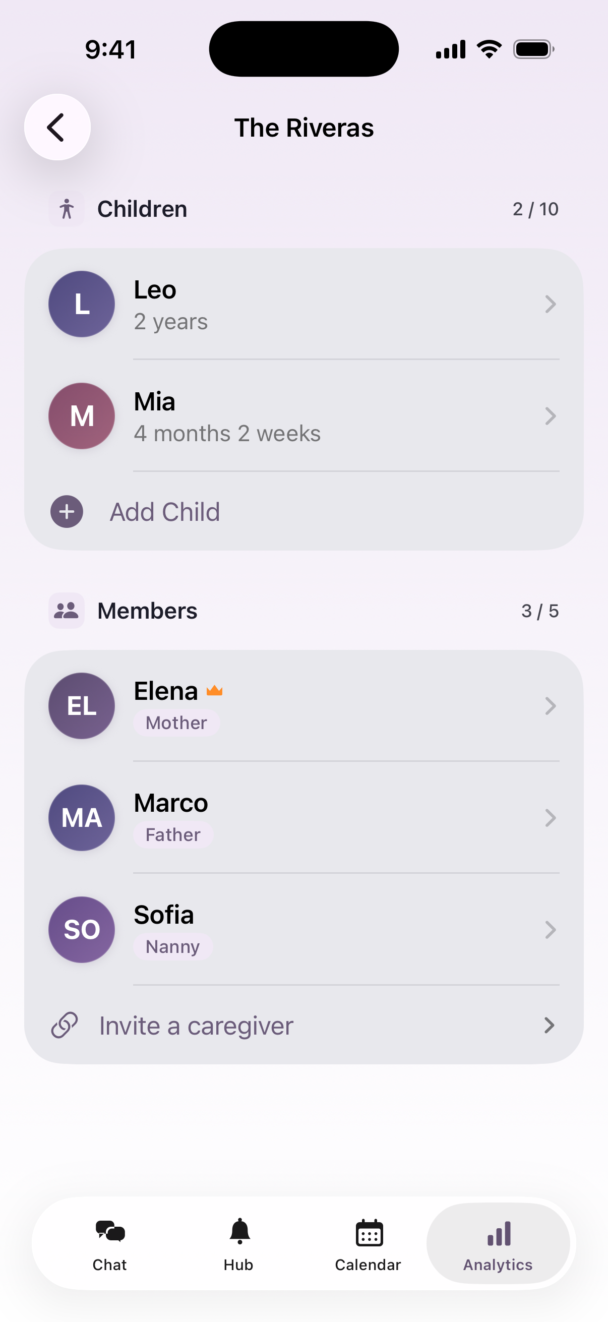Family members screen showing caregivers and children sharing one Babbl Baby account